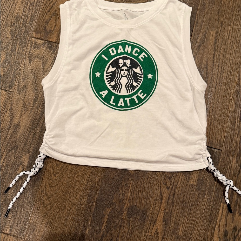 Kid’s size M Dance N Motion Sleeveless “I Dance A Latte” Top with Green Logo